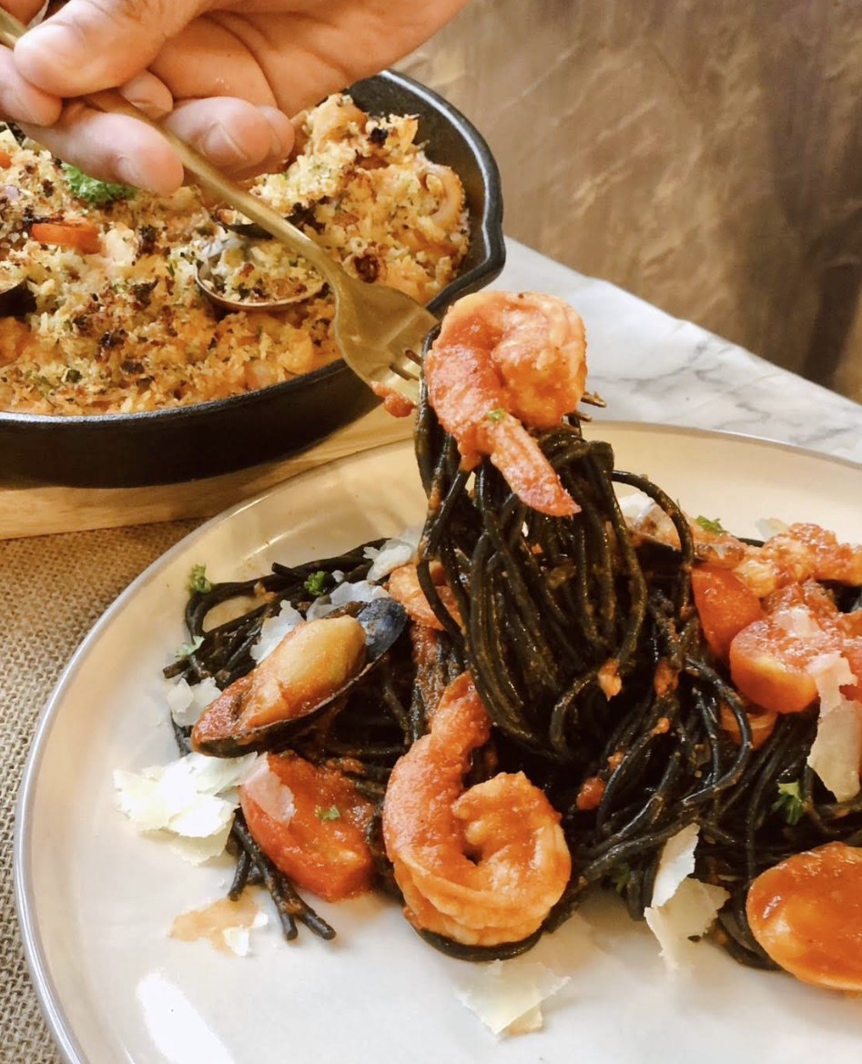 Squid ink seafood pasta